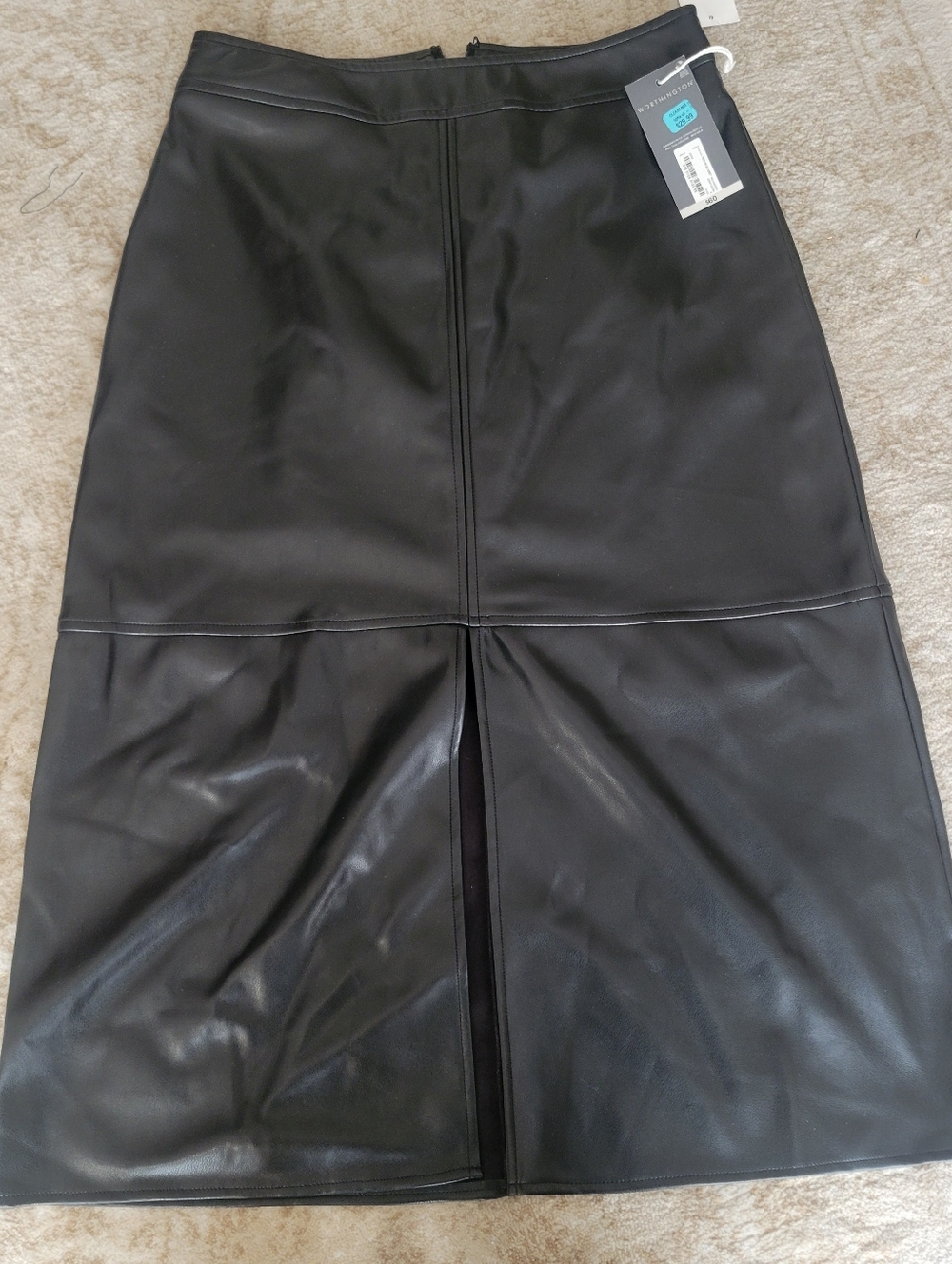 Black Faux Leather Midi Skirt with Center Slit - Worthington.  Tags Attached